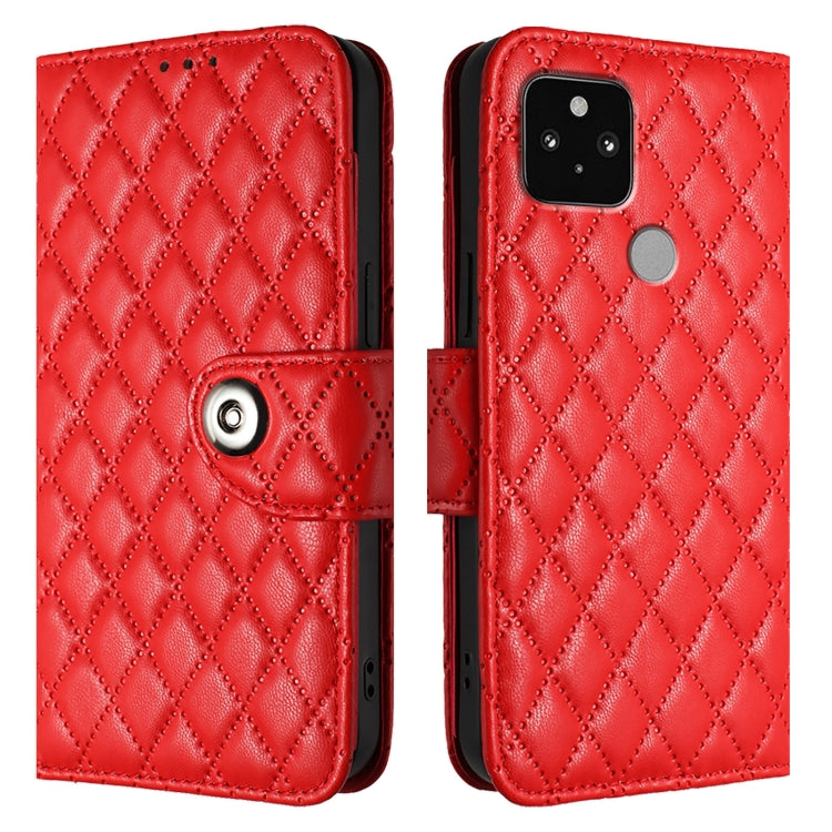 For Google Pixel 5 Rhombic Texture Flip Leather Phone Case with Lanyard