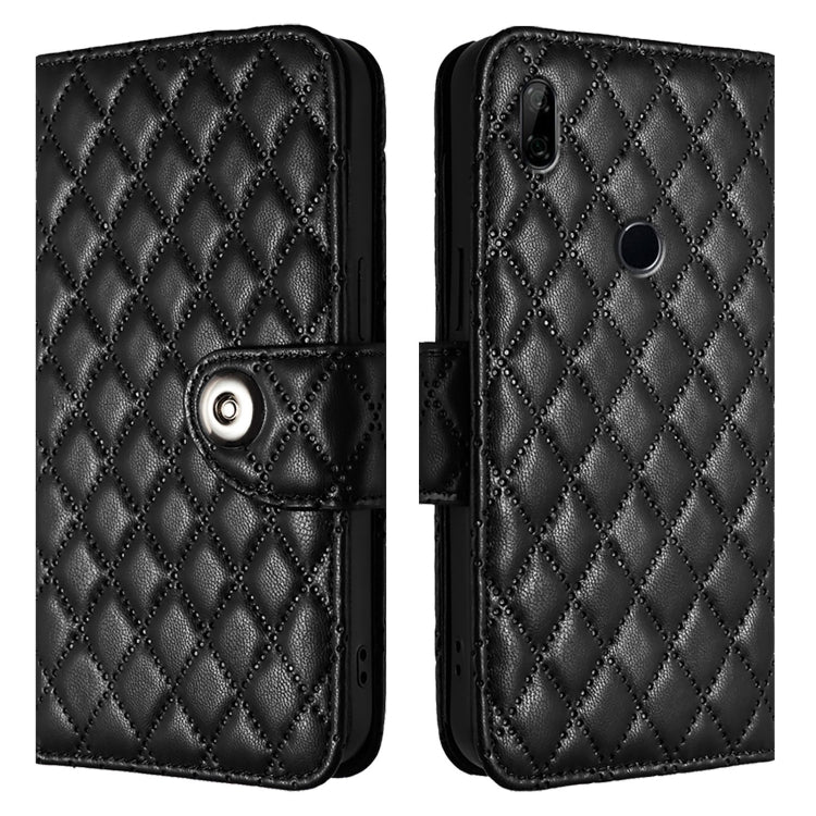 For Honor 9X 4G Global Rhombic Texture Flip Leather Phone Case with Lanyard