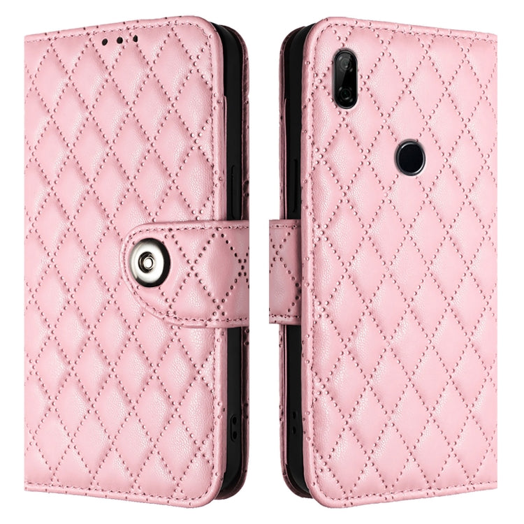 For Honor 9X 4G Global Rhombic Texture Flip Leather Phone Case with Lanyard