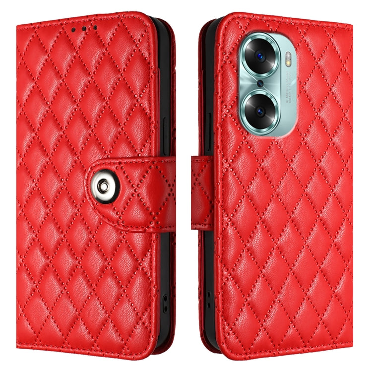 For Honor 60 Rhombic Texture Flip Leather Phone Case with Lanyard