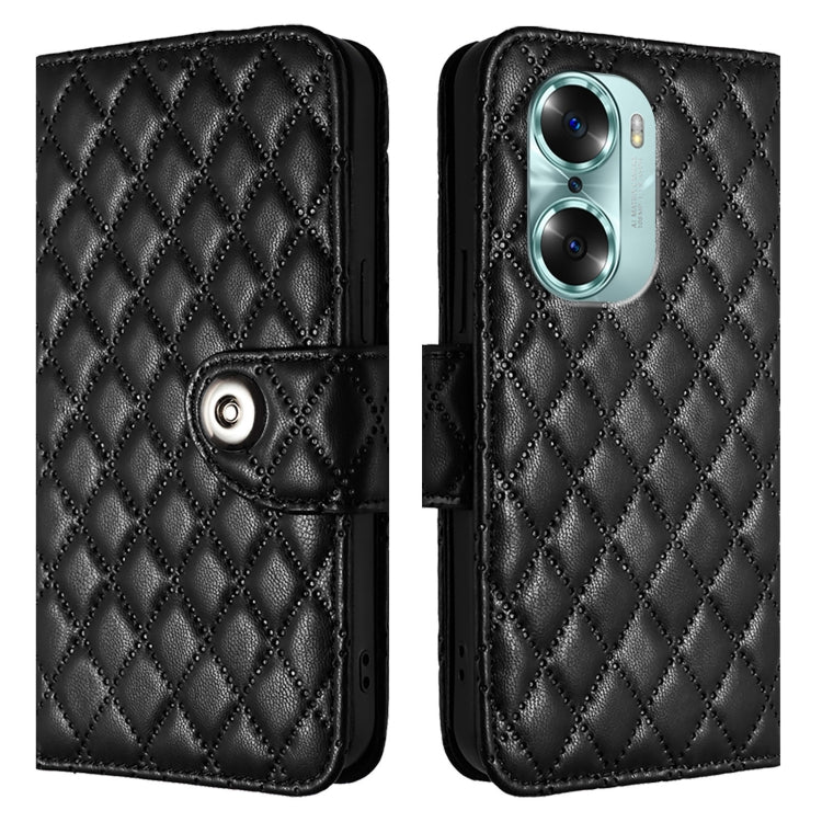 For Honor 60 Rhombic Texture Flip Leather Phone Case with Lanyard