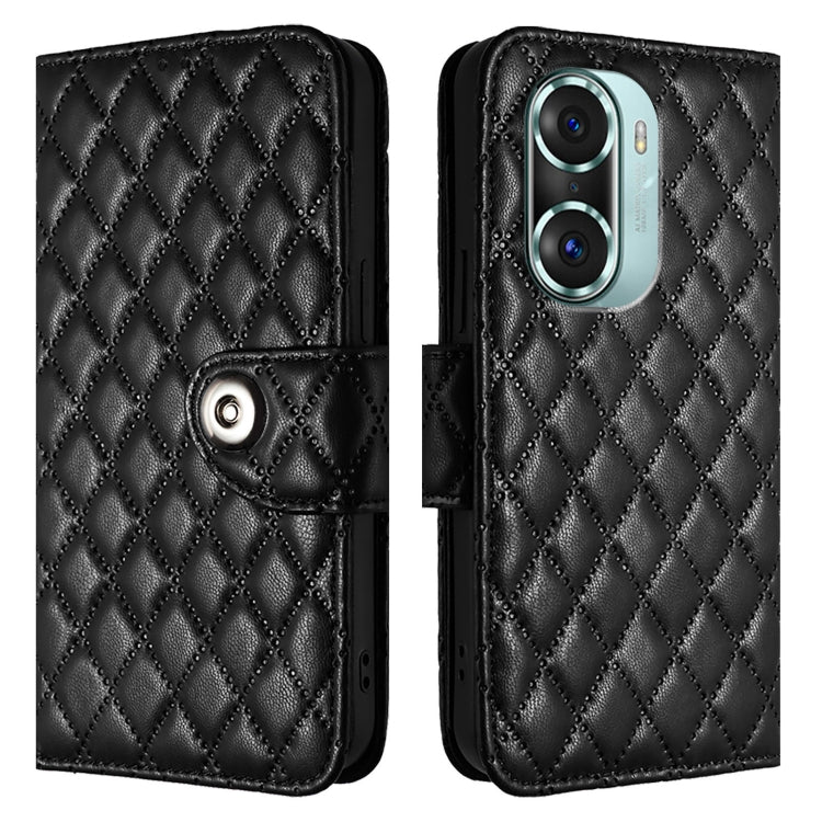 For Honor 60 Pro Rhombic Texture Flip Leather Phone Case with Lanyard