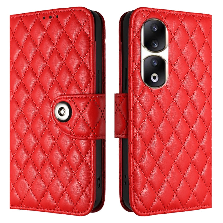 For Honor 90 Pro Rhombic Texture Flip Leather Phone Case with Lanyard