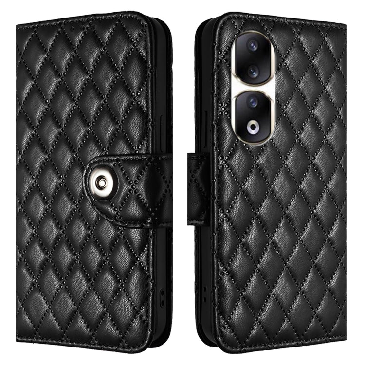 For Honor 90 Pro Rhombic Texture Flip Leather Phone Case with Lanyard