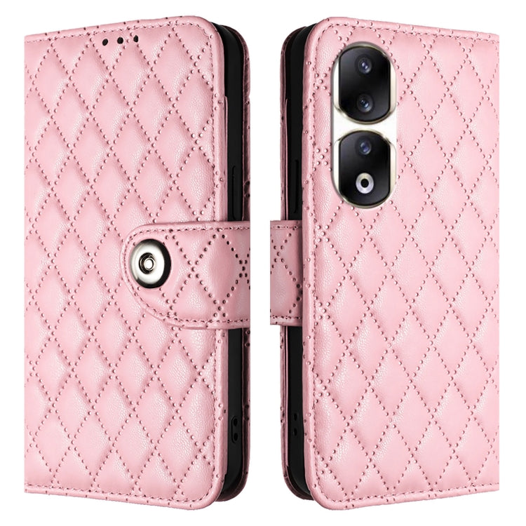 For Honor 90 Pro Rhombic Texture Flip Leather Phone Case with Lanyard