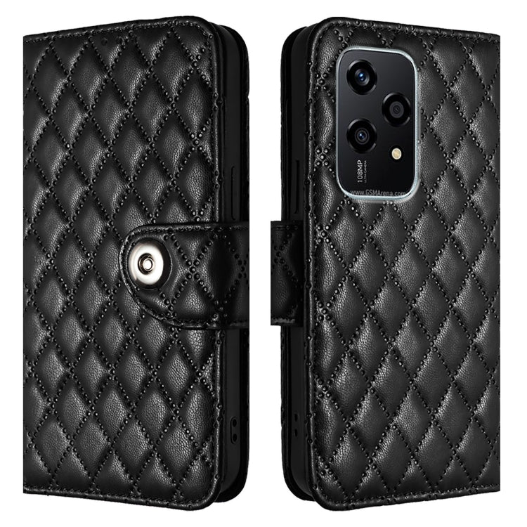 For Honor 200 Lite Global Rhombic Texture Flip Leather Phone Case with Lanyard