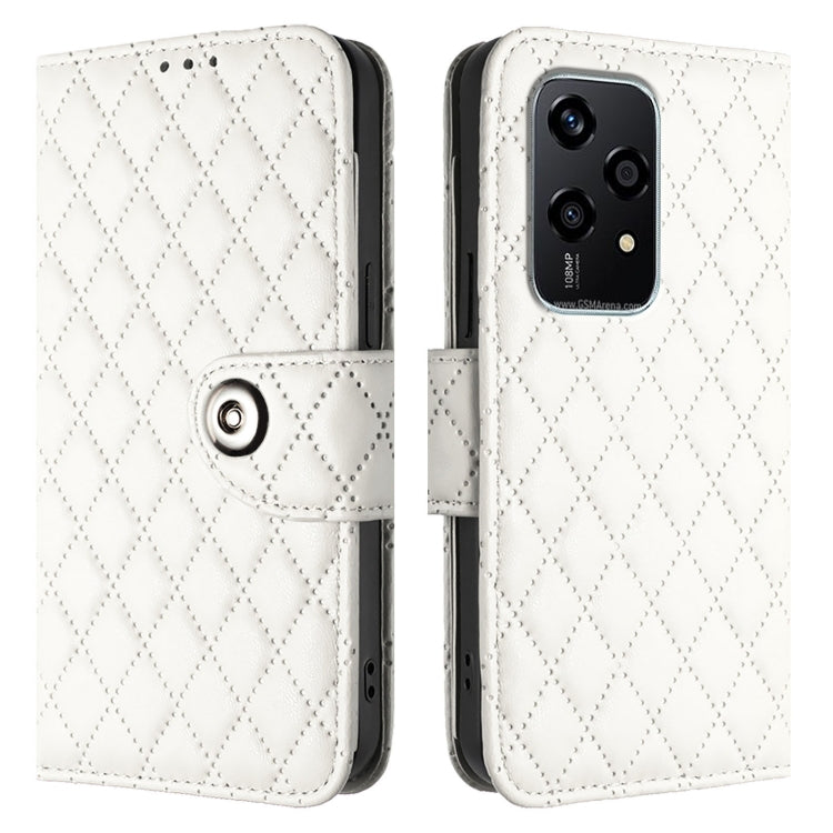 For Honor 200 Lite Global Rhombic Texture Flip Leather Phone Case with Lanyard