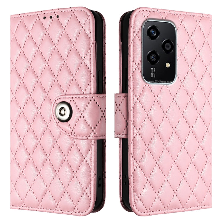 For Honor 200 Lite Global Rhombic Texture Flip Leather Phone Case with Lanyard