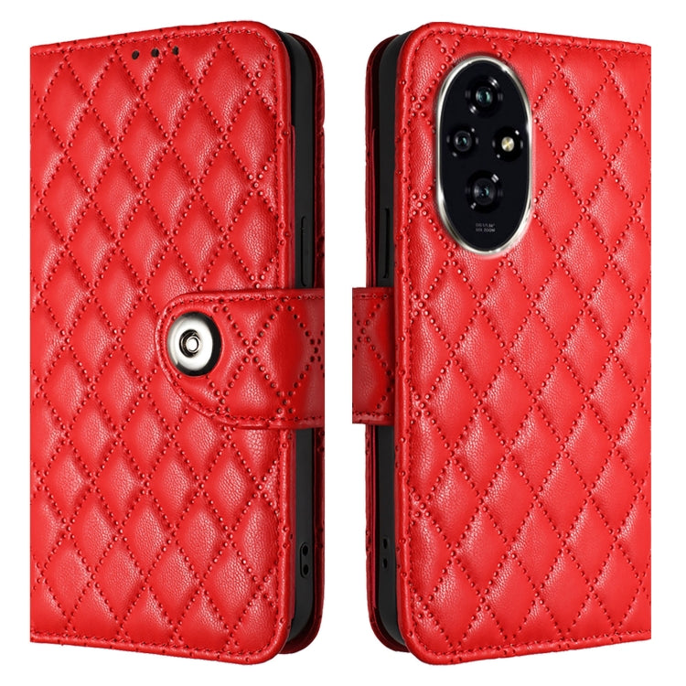 For Honor 200 Pro Rhombic Texture Flip Leather Phone Case with Lanyard