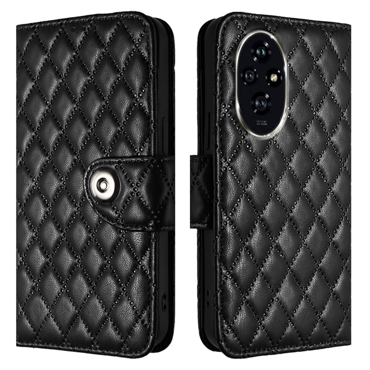 For Honor 200 Pro Rhombic Texture Flip Leather Phone Case with Lanyard