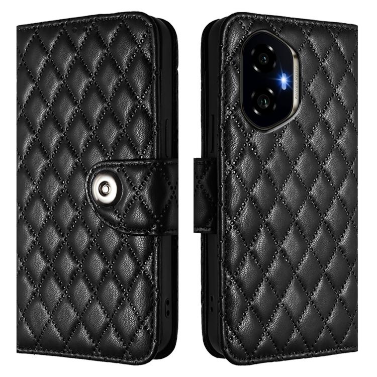 For Honor 300 5G Rhombic Texture Flip Leather Phone Case with Lanyard