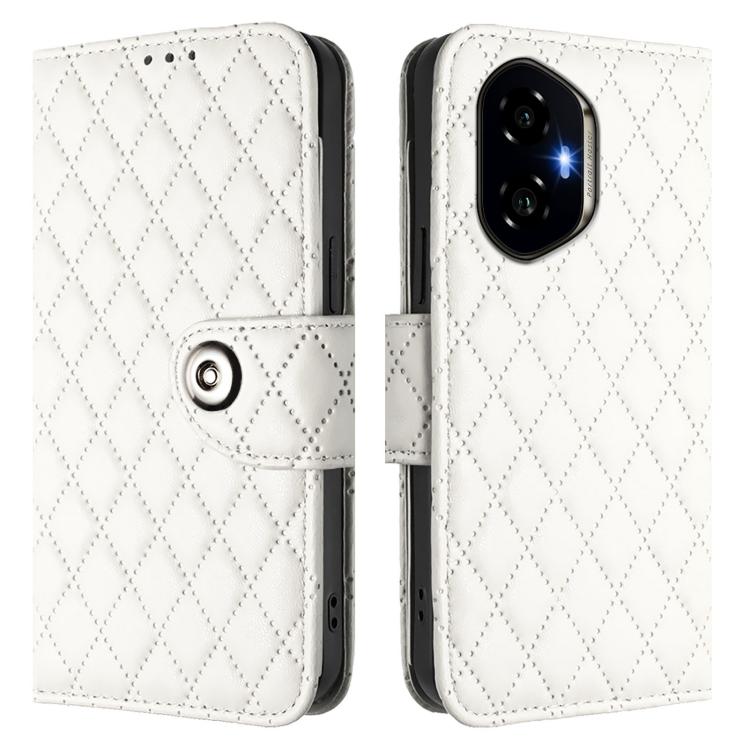For Honor 300 5G Rhombic Texture Flip Leather Phone Case with Lanyard