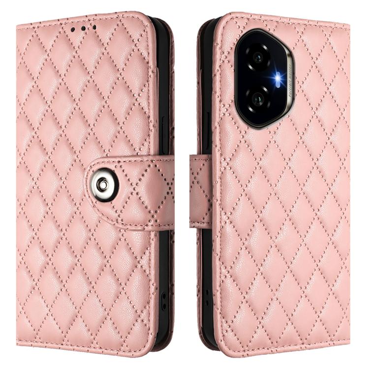 For Honor 300 5G Rhombic Texture Flip Leather Phone Case with Lanyard