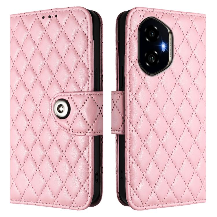 For Honor 300 5G Rhombic Texture Flip Leather Phone Case with Lanyard