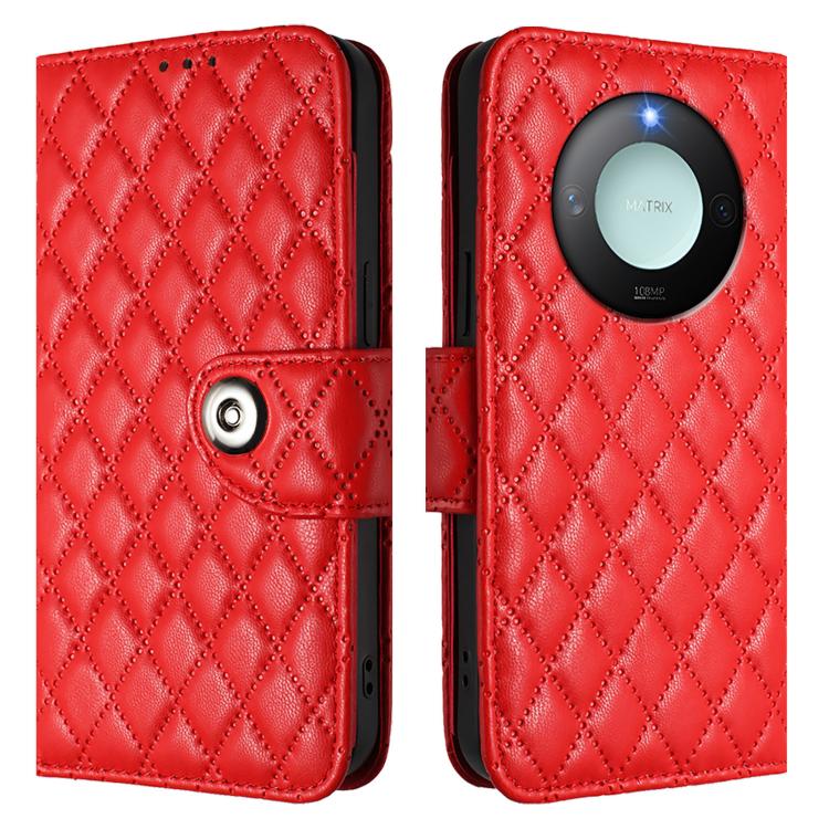 For Honor X9c Smart 5G Global Rhombic Texture Flip Leather Phone Case with Lanyard