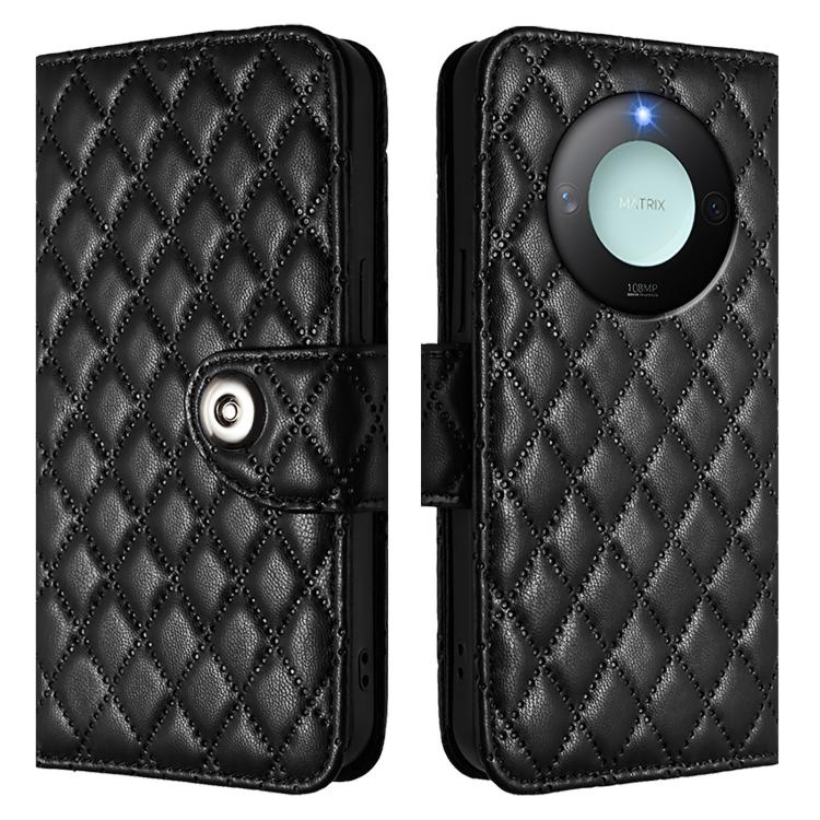 For Honor X9c Smart 5G Global Rhombic Texture Flip Leather Phone Case with Lanyard