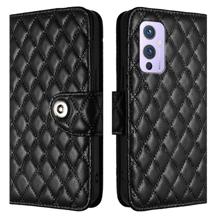 For OnePlus 9 Rhombic Texture Flip Leather Phone Case with Lanyard