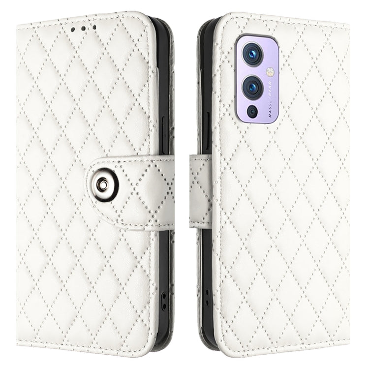 For OnePlus 9 Rhombic Texture Flip Leather Phone Case with Lanyard