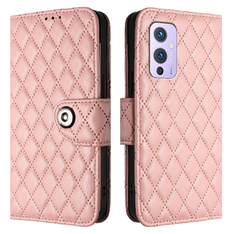 For OnePlus 9 Rhombic Texture Flip Leather Phone Case with Lanyard