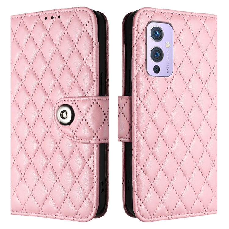 For OnePlus 9 Rhombic Texture Flip Leather Phone Case with Lanyard