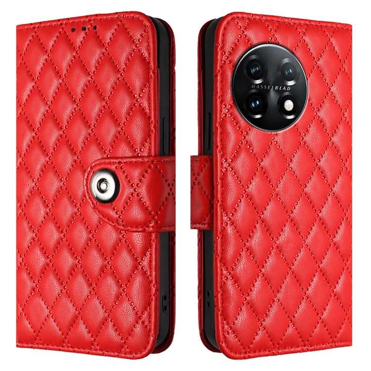 For OnePlus 11 Rhombic Texture Flip Leather Phone Case with Lanyard