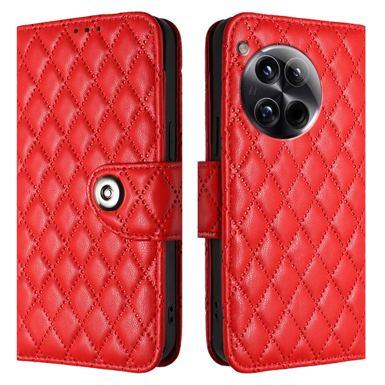 For OnePlus 12 5G Global Rhombic Texture Flip Leather Phone Case with Lanyard