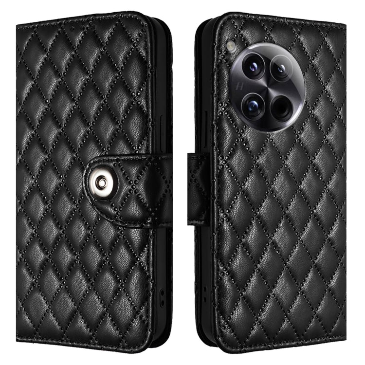 For OnePlus 12 5G Global Rhombic Texture Flip Leather Phone Case with Lanyard