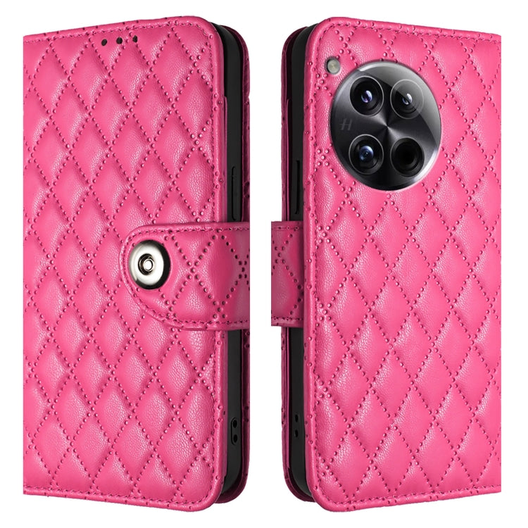 For OnePlus 12 5G Global Rhombic Texture Flip Leather Phone Case with Lanyard