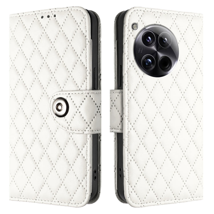 For OnePlus 12 5G Global Rhombic Texture Flip Leather Phone Case with Lanyard