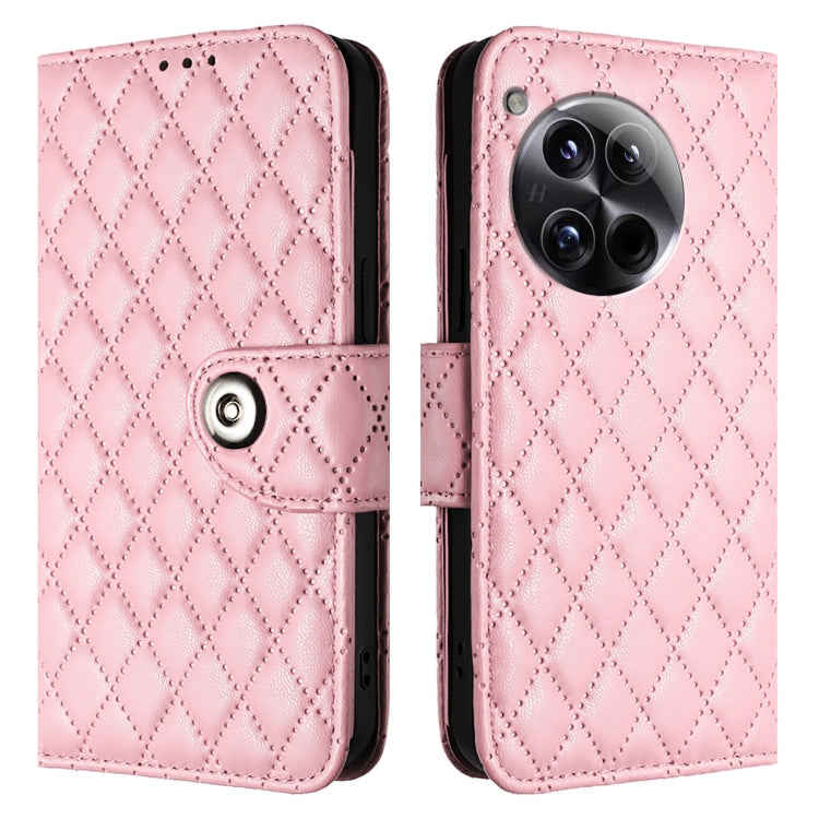 For OnePlus 12 5G Global Rhombic Texture Flip Leather Phone Case with Lanyard