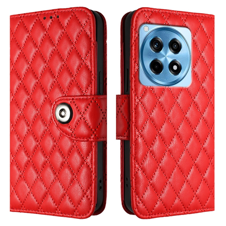 For OnePlus 12R Rhombic Texture Flip Leather Phone Case with Lanyard