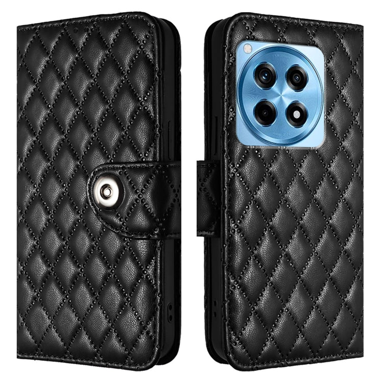For OnePlus 12R Rhombic Texture Flip Leather Phone Case with Lanyard