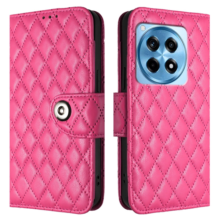 For OnePlus 12R Rhombic Texture Flip Leather Phone Case with Lanyard