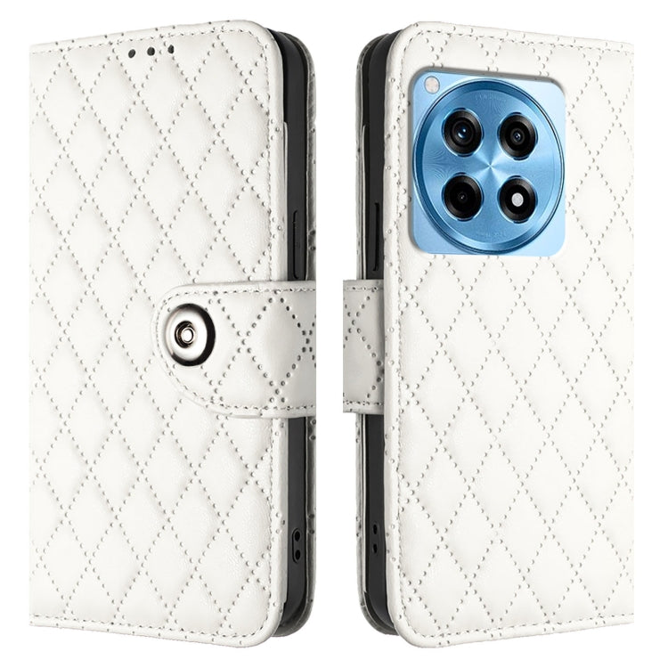 For OnePlus 12R Rhombic Texture Flip Leather Phone Case with Lanyard