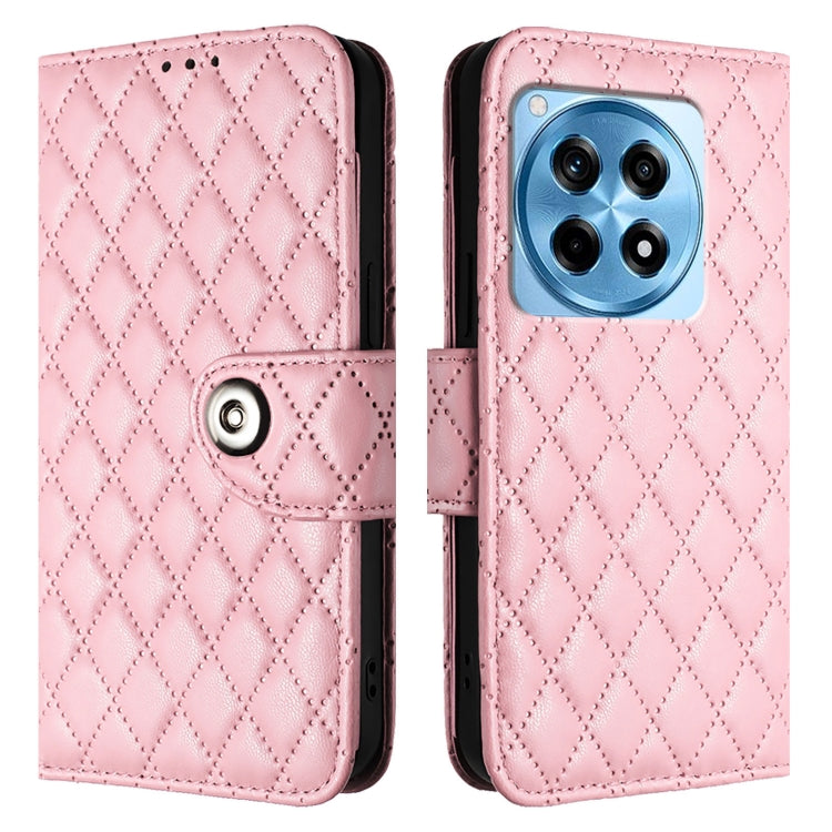 For OnePlus 12R Rhombic Texture Flip Leather Phone Case with Lanyard