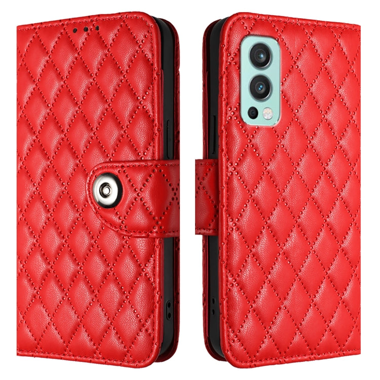 For OnePlus Nord 2 5G Rhombic Texture Flip Leather Phone Case with Lanyard