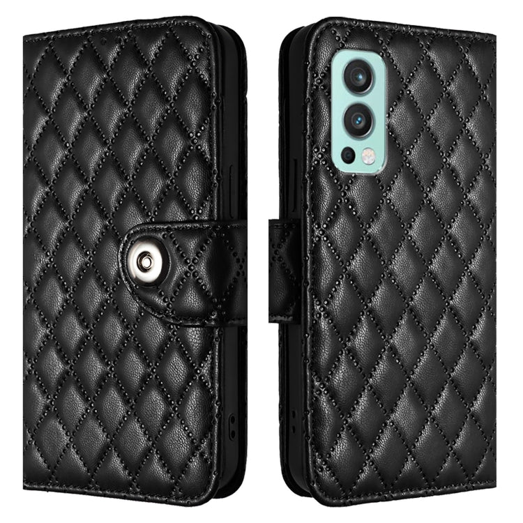 For OnePlus Nord 2 5G Rhombic Texture Flip Leather Phone Case with Lanyard