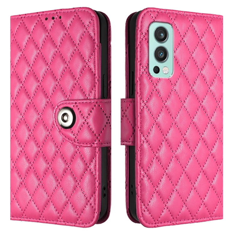 For OnePlus Nord 2 5G Rhombic Texture Flip Leather Phone Case with Lanyard
