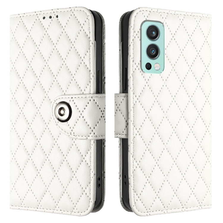For OnePlus Nord 2 5G Rhombic Texture Flip Leather Phone Case with Lanyard