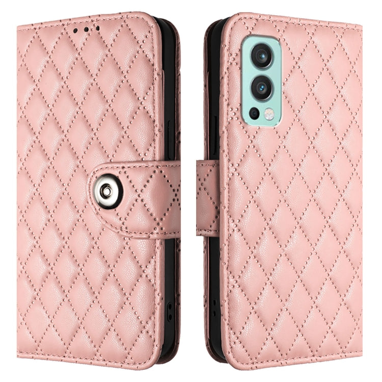 For OnePlus Nord 2 5G Rhombic Texture Flip Leather Phone Case with Lanyard