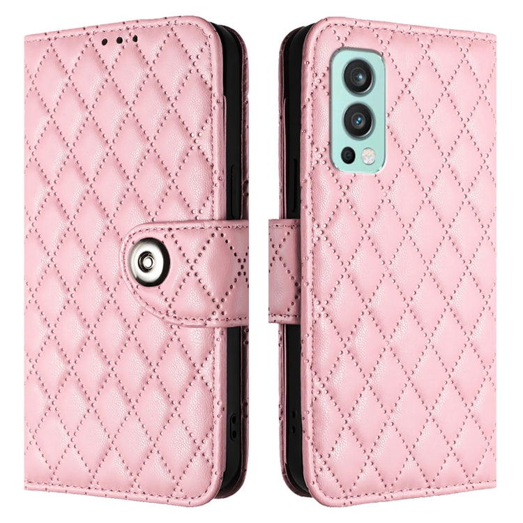 For OnePlus Nord 2 5G Rhombic Texture Flip Leather Phone Case with Lanyard