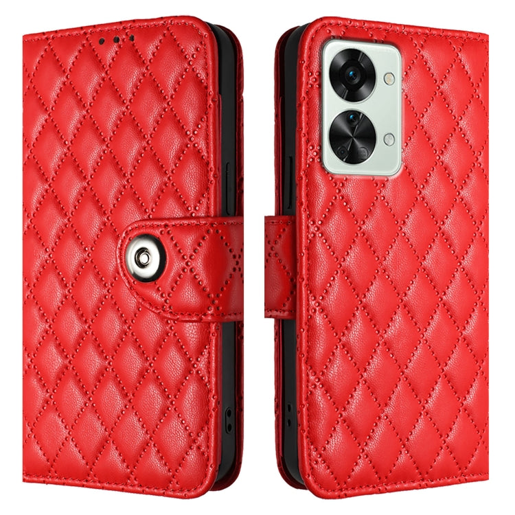For OnePlus Nord 2T Rhombic Texture Flip Leather Phone Case with Lanyard