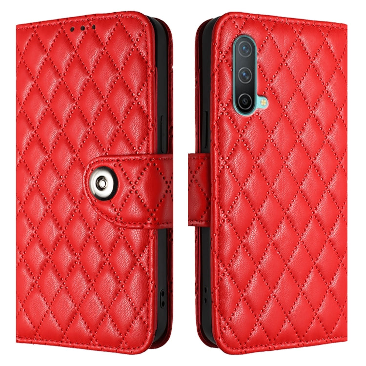 For OnePlus Nord CE 5G Rhombic Texture Flip Leather Phone Case with Lanyard