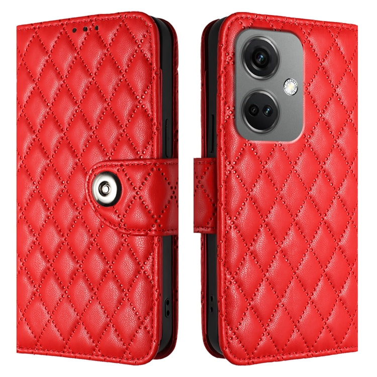 For OnePlus Nord CE3 Rhombic Texture Flip Leather Phone Case with Lanyard