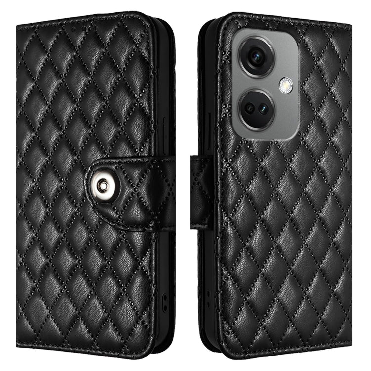 For OnePlus Nord CE3 Rhombic Texture Flip Leather Phone Case with Lanyard