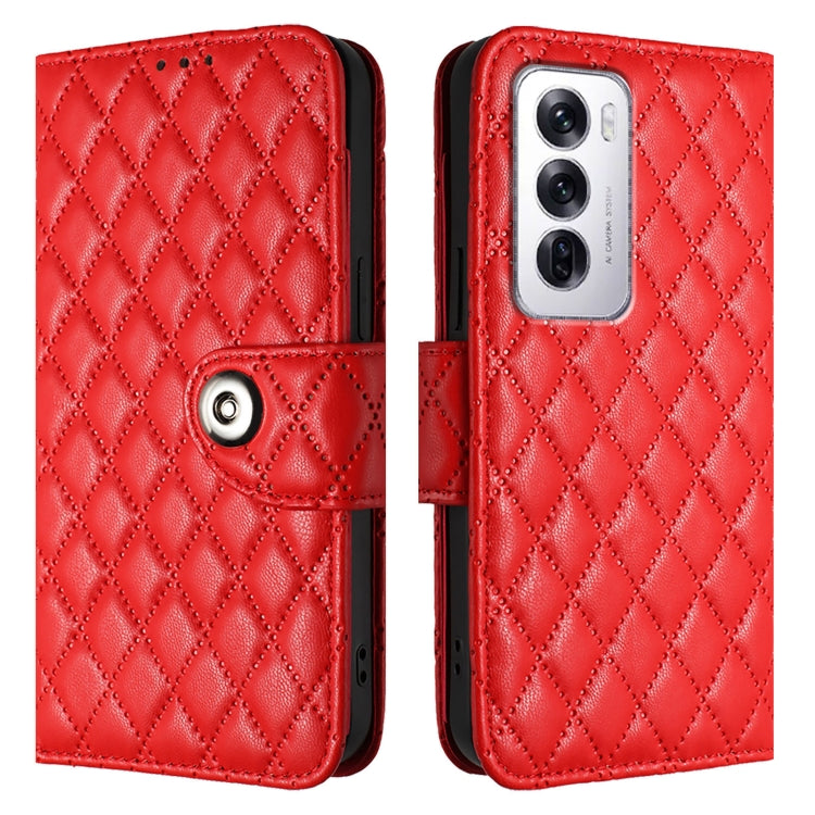 For OPPO Reno12 5G Global Rhombic Texture Flip Leather Phone Case with Lanyard