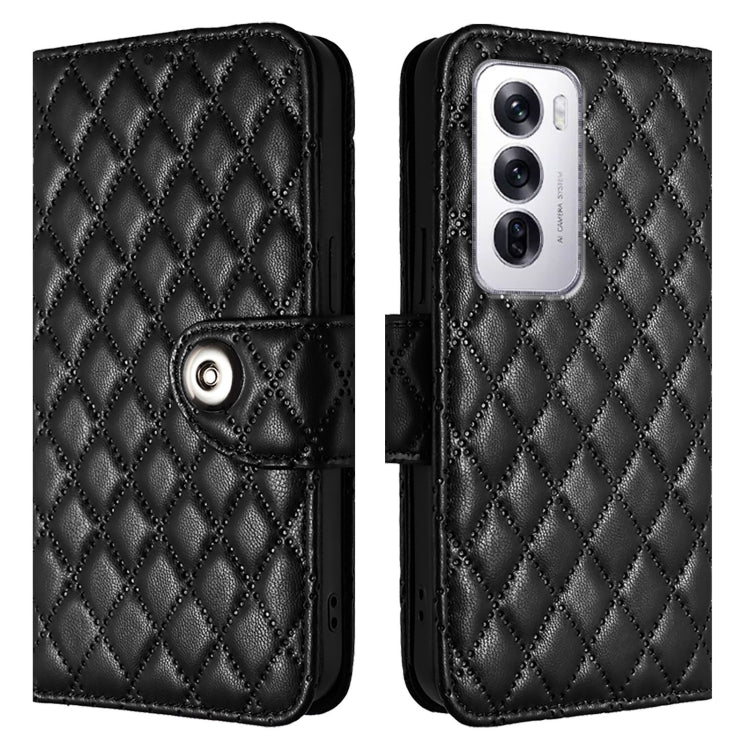 For OPPO Reno12 5G Global Rhombic Texture Flip Leather Phone Case with Lanyard