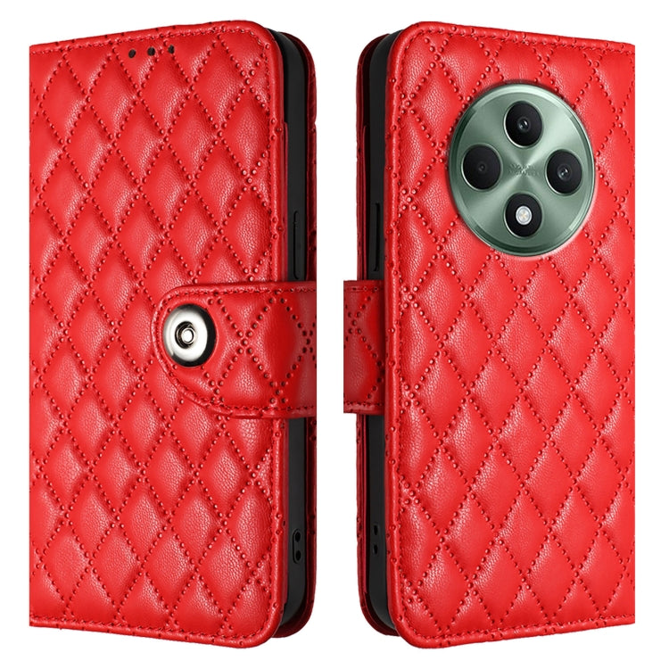 For OPPO Reno12 F 5G Global Rhombic Texture Flip Leather Phone Case with Lanyard