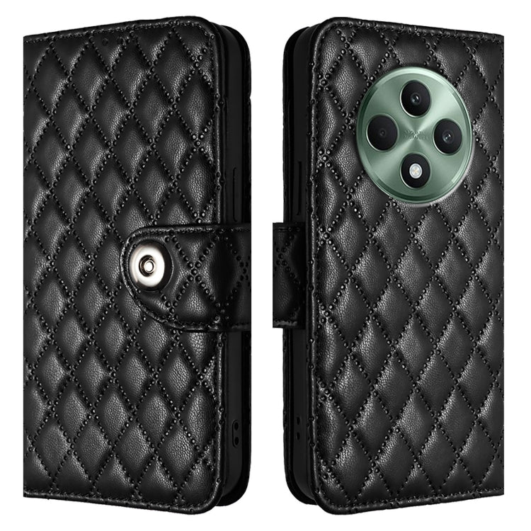 For OPPO Reno12 F 5G Global Rhombic Texture Flip Leather Phone Case with Lanyard
