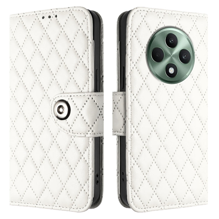 For OPPO Reno12 F 5G Global Rhombic Texture Flip Leather Phone Case with Lanyard